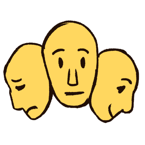 three faces next to each other, with one looking left, one looking right, and one looking forwards. the face on the left is sad, the one on the right is happy, and the one in the middle is neutral. it's colored yellow, with black lineart.